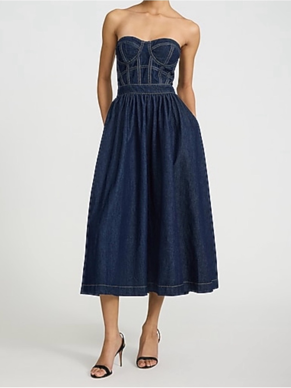 Express Strapless Denim Midi Dress in Dark Blue